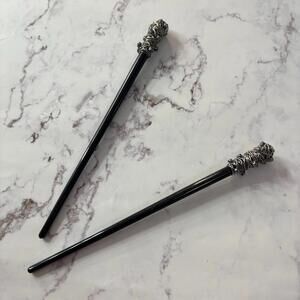 Pair of Black Hair Sticks with Wire Wrapped Beaded Design – Gothic Style
